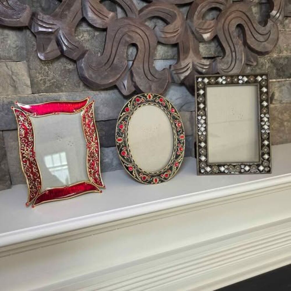 Set of 3 Vtg Enamel Jeweled Rhinestone Ornate Picture Frames Red/Gold/Black